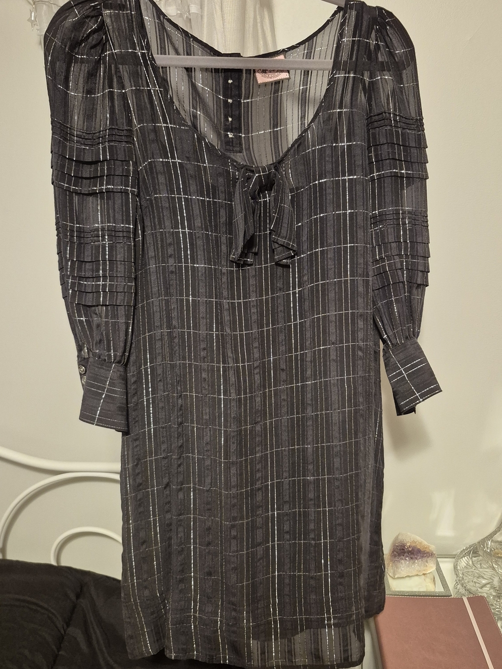 Vintage Juicy Couture Black Striped Tie-Neck Long Sleeve Dress.